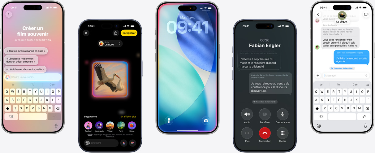 Cinq iPhone montrant des fonctionnalités d’Apple Intelligence : créer un film souvenir, générer des images dans Image Playground, écran verrouillé d’iOS avec lueur interne, traduction en direct pendant un appel et traduction en temps réel dans Messages.