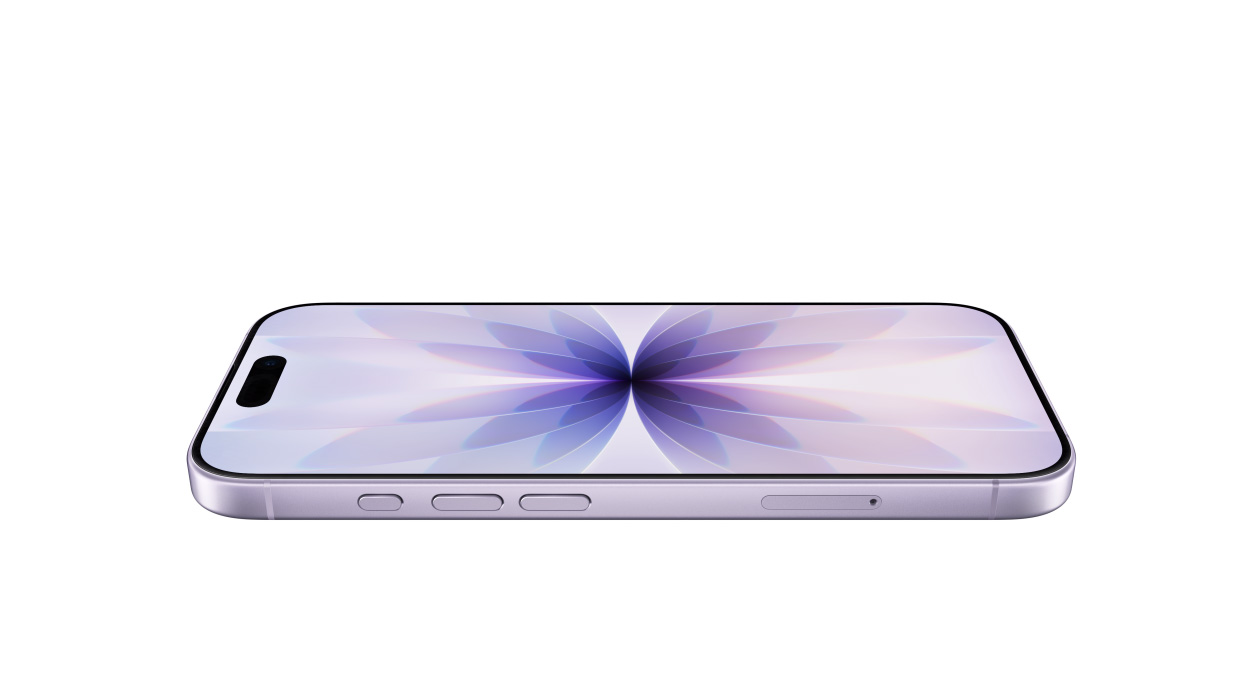 Vista frontal do iPhone 17 lavanda, com Ceramic Shield, vista lateral com os botões: Ação, volume, e Dynamic Island centrada em cima