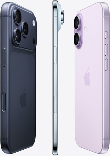 Três modelos dispostos em leque: vista lateral do iPhone 17 Pro azul escuro, vista lateral do iPhone Air azul-céu e vista traseira do iPhone 17 lavanda.