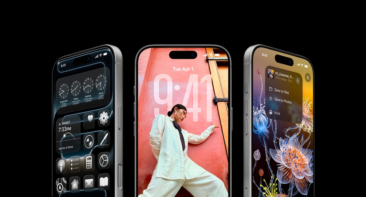 3 μοντέλα iPhone 17 Pro, μπροστινή εξωτερική όψη, το ένα δίπλα στο άλλο, που παρουσιάζουν τη λειτουργία World Clock, την οθόνη κλειδώματος iOS 26 και τον τρόπο αποθήκευσης σημειώσεων από το app Σημειώσεις
