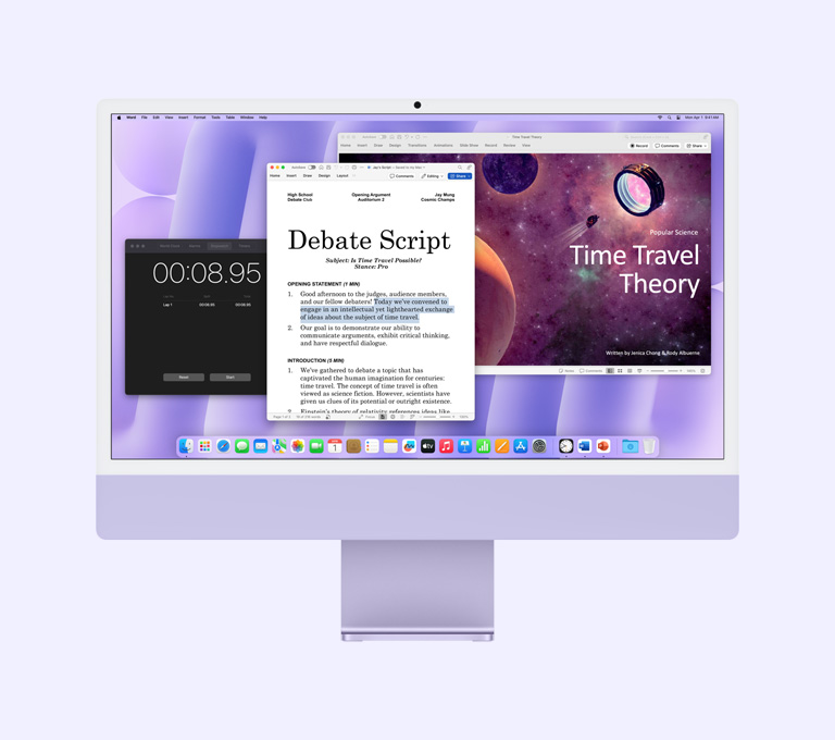 Violetinės spalvos „iMac“, kurio ekrane rodomos naudojamos programos „Microsoft Word“, „Microsoft PowerPoint“ ir „Laikrodis“