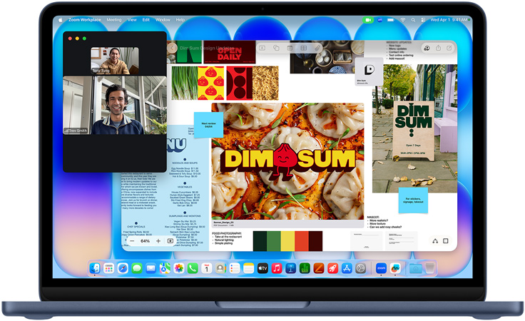 MacBook Neo indigo krāsā, notiek videozvans, Freeform logs ar izvēlni, ēdiena bildes un ilustrācijas ķīniešu restorānam