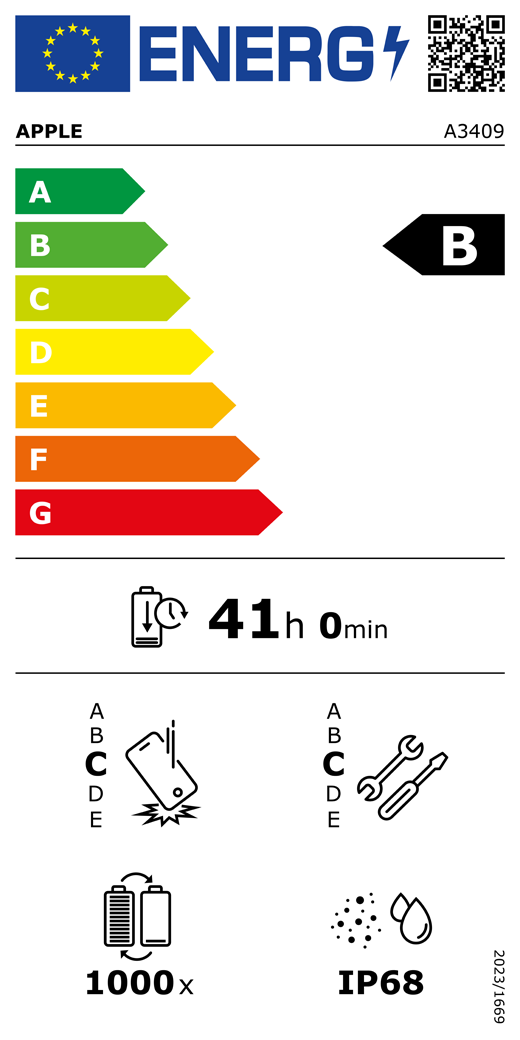Cod QR și informații privind Eticheta energetică UE, model Apple A3409, clasa B, clase de eficiență energetică (cu o scară de la A la G), de la A (eficiență maximă) la G (eficiență minimă), anduranța bateriei pentru fiecare ciclu, 41 ore și 0 minute pe încărcare completă a bateriei, fiabilitate la căderi libere repetate clasa C, de la A (robustețe maximă) la E (robustețe minimă), potențial de reparare clasa C, de la A (potențial de reparare maxim) la E (potențial de reparare minim), anduranța bateriei în cicluri 1000, protecție împotriva pătrunderii prafului și a apei (IP) cu clasificare IP68, regulament 2023/1669