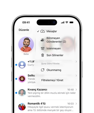 iPhone, yalnızca üstteki üçte ikilik kısmı, ekranda Mesajlar uygulaması açık ve yeni tarama araçlarına ait menü katmanı gösteriliyor