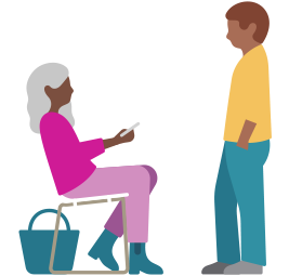 Une femme assise sur une chaise tient un iPhone qui émet des ondes sonores; un homme écoute, debout devant elle