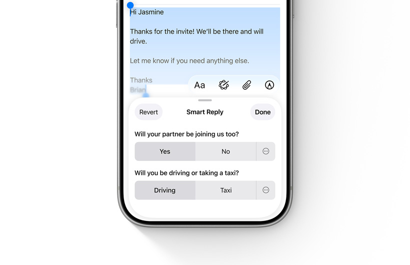 Slim Antwoord-opties in de Mail-app worden weergegeven op een iPhone.