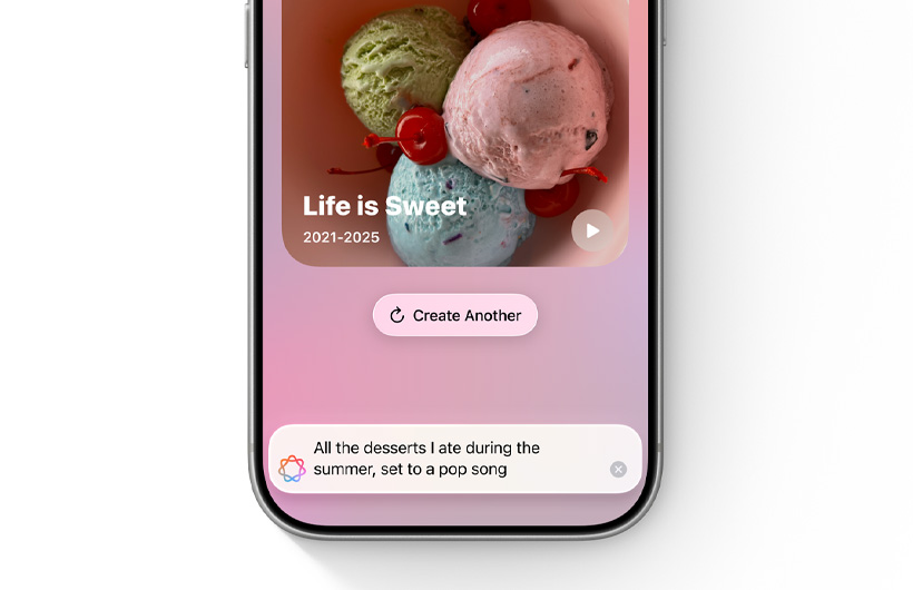Omslag van een nieuwe terugblikvideo die is gebaseerd op de beschrijving die is ingevoerd in het tekstveld in de Foto’s-app