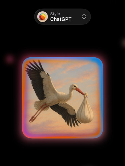 Image Playground met een afbeelding van een fotorealistische ooievaar die een bundel in z'n snavel heeft, met opties voor aangepaste afbeeldingsstijlen van ChatGPT