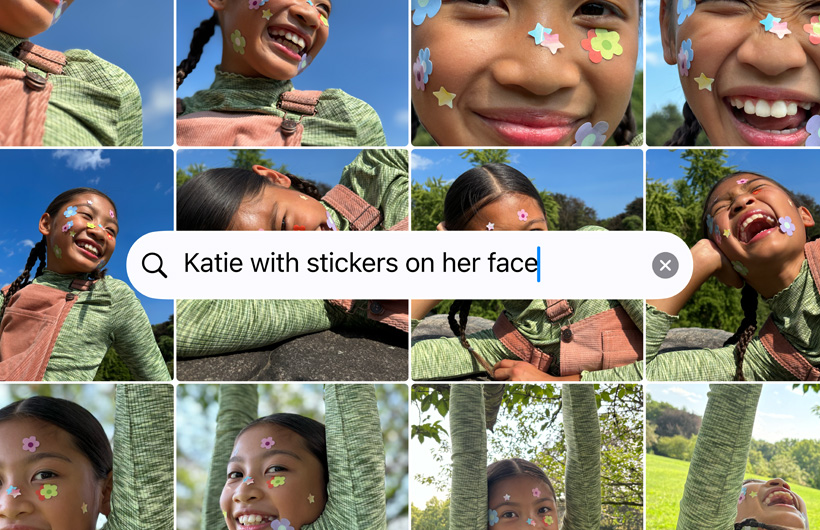 Een raster met foto’s op basis van de zoekopdracht Katie met stickers op haar gezicht
