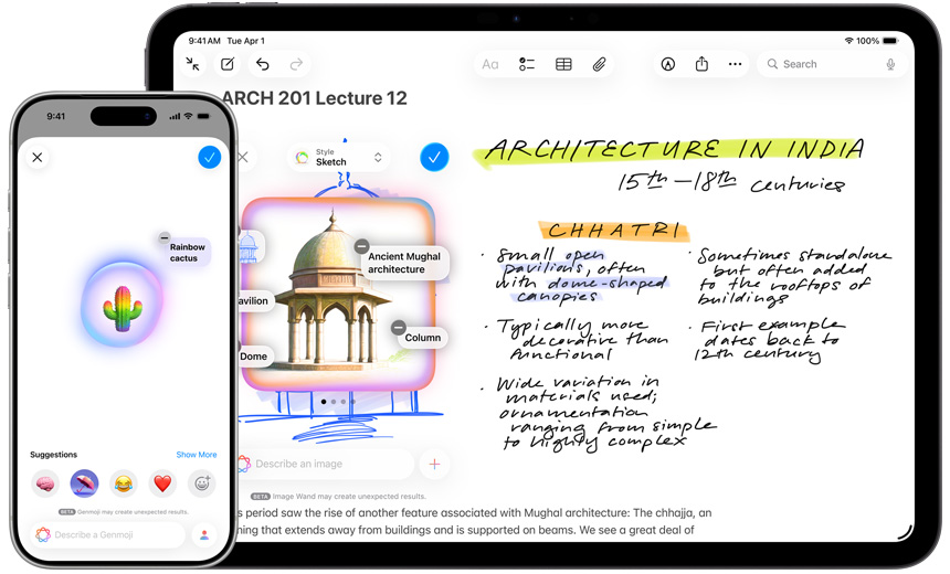 iPhone se zobrazenou funkcí Genmoji, kde se generuje obrázek duhového kaktusu, a iPad, na kterém Obrázková hůlka mění skicu na pavilon v mughalském stylu.
