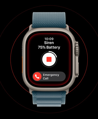Apple Watch Ultra 3 med urkasse av naturlig titan og Alpine Loop i ankerblå viser en aktivert sirene og knapper for Nødanrop (SOS).