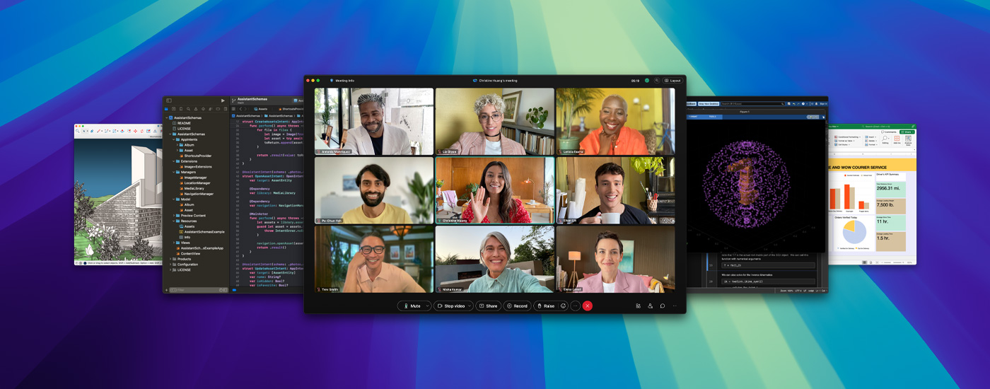 Schermate con diverse app, inclusa una riunione virtuale su Zoom.