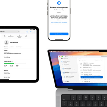 Az Apple Business Manager különböző komponenseit bemutató iPad, iPhone és MacBook.