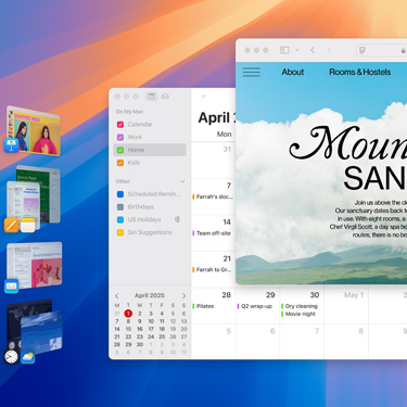 Flere vinduer og apps vist på en skærm, herunder Keynote, Pages, Mail og et website med indhold om et fredeligt fristed.