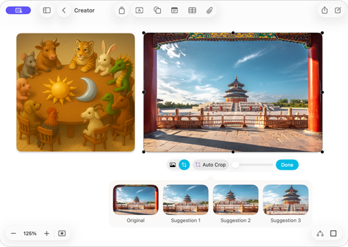 Der Bildschirm zeigt die Freeform App mit zwei Funktionen vom Apple Creator Studio: Bildgenerierung und Automatisches Zuschneiden.