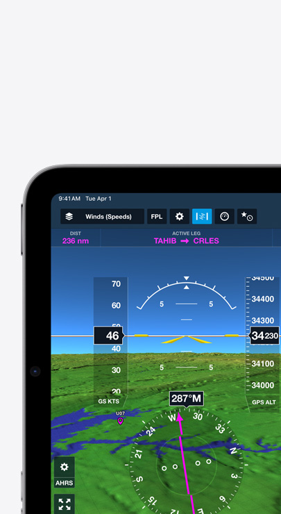 En iPad visar vindhastigheter och riktning på en topografisk flygkarta med åsar som representerar berg.