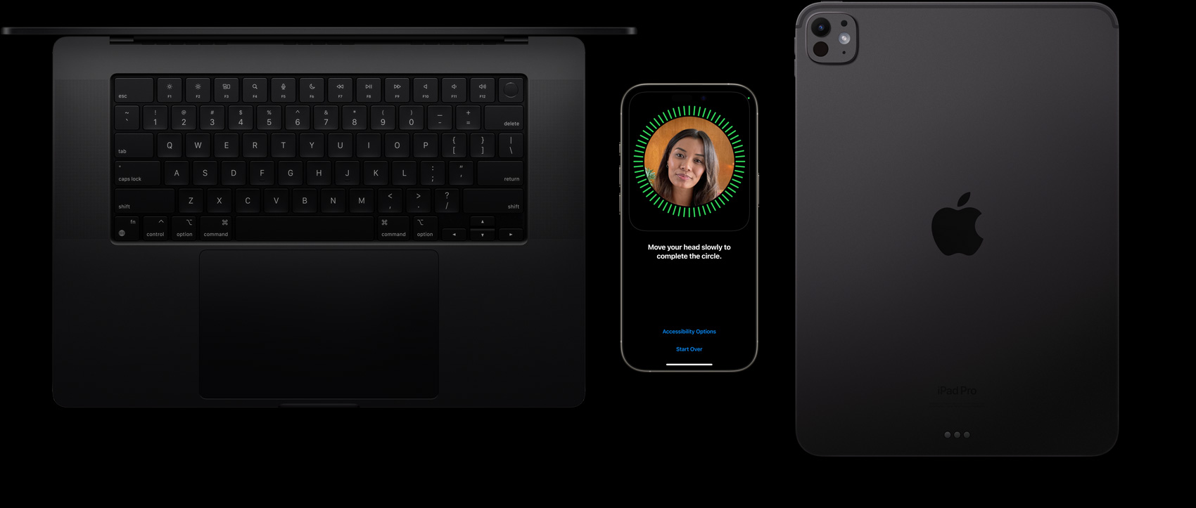 En MacBook i rymdsvart, en iPhone i naturligt titan och en iPad i rymdsvart är placerade bredvid varandra, och en inställningsskärm för Face ID visas på iPhone
