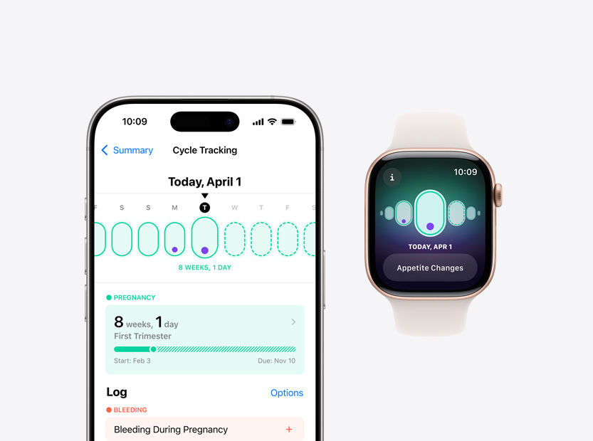 iPhoneとApple Watchに周期記録の画面が表示されている