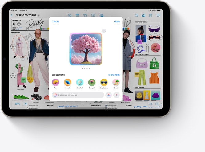 iPad mini zobrazuje nástroj Image Playground, novú funkciu Apple Intelligence, v apke Freeform.