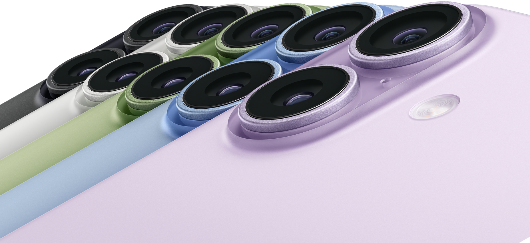 Пет iPhone 17 устройства, заден екстериор, горен ляв ъгъл, Fusion камери, цветове: черен, бял, градински чай, синя мъгла, лавандула
