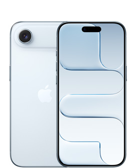 iPhone Air, заден екстериор, небесносин цвят, Fusion система от камери отгоре, центрирано лого на Apple, преден екстериор, небесносин цвят, Dynamic Island, центриран в горната част