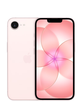 iPhone 17e, заден екстериор, нежно розов цвят, Fusion камера горе вляво, центрирано лого на Apple, преден екстериор, нежно розов цвят, екран от край до край