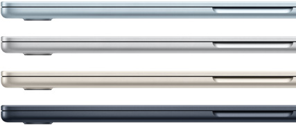 Vue latérale de quatre MacBook Air montrant quatre finitions différentes