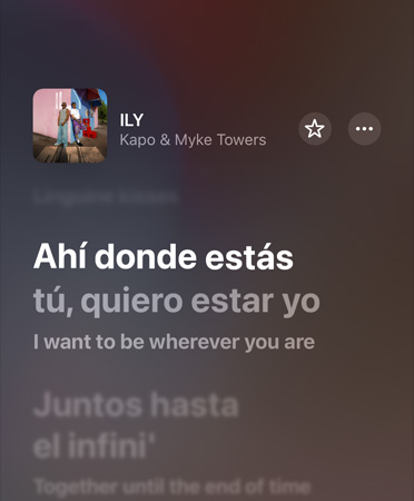Tradução de espanhol para inglês da letra da música ILY, de Kapo e Myke Towers, na Apple Music