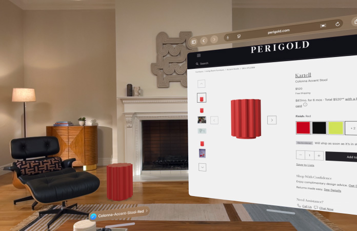 Safari 展示正在販售 Kartell Colonna Accent Stool 的購物頁面，畫面飄浮在房間裡。還有一個 3D 形式的凳子擺放在房間地板上